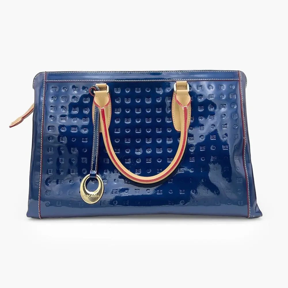 ARCADIA Patent Leather Logo Embossed Business Large Top Handles Tote Bag (Blue) - Picture 4 of 14